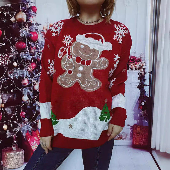 Damen Weihnachts-Pullover mit gingerbread-Motiv und Rundhalsausschnitt EB