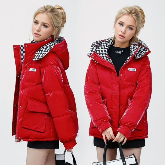Damen modische glänzende Steppjacke mit hochschließendem Kragen und praktischen Taschen EB