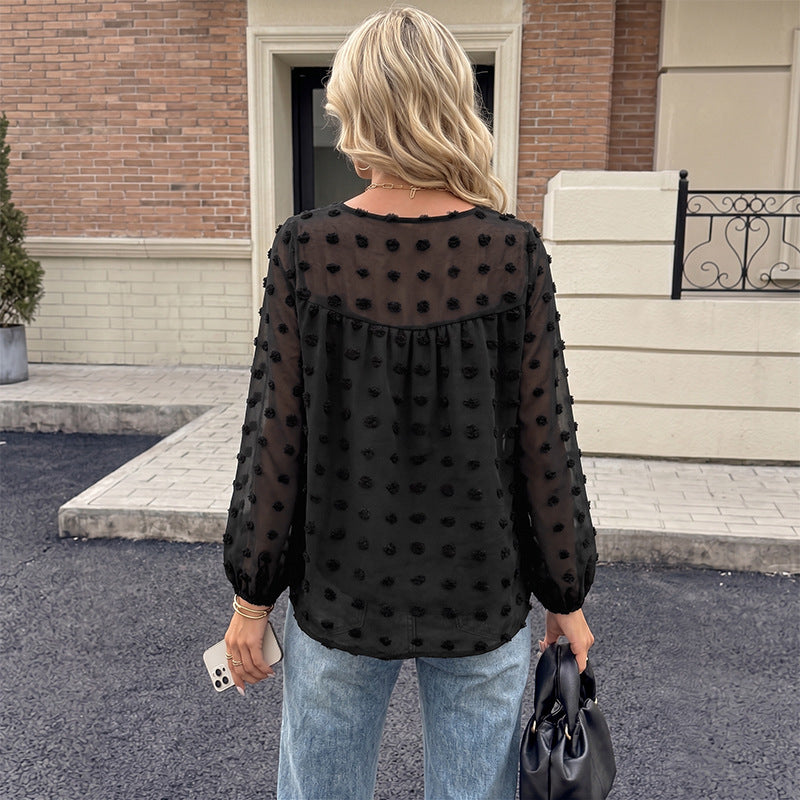 Damen Elegante Chiffonbluse mit 3D-Pompon-Applikation, V-Ausschnitt und elastischen Manschetten EB