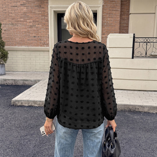 Damen Elegante Chiffonbluse mit 3D-Pompon-Applikation, V-Ausschnitt und elastischen Manschetten EB