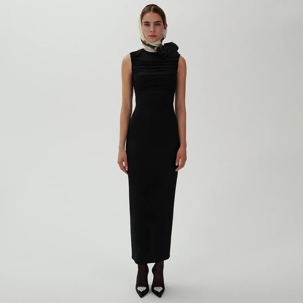 Damen figurbetontes Abendkleid mit asymmetrischem Kragen und floraler Applikation EB