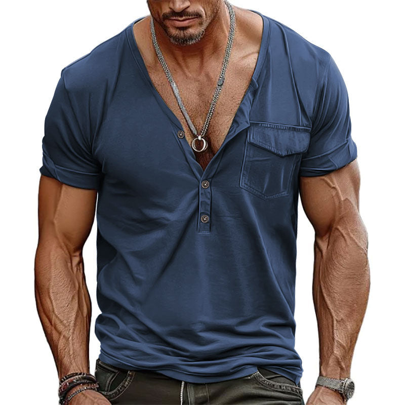 Herren Kurzarm-Henley-T-Shirt mit dekorativer Brusttasche und modernem Schnitt EB