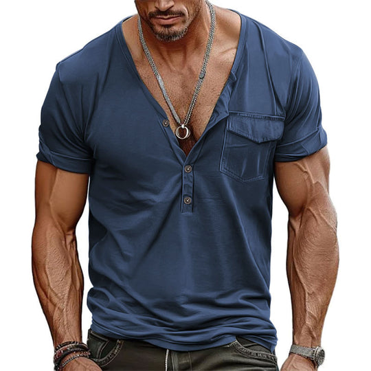 Herren Kurzarm-Henley-T-Shirt mit dekorativer Brusttasche und modernem Schnitt EB