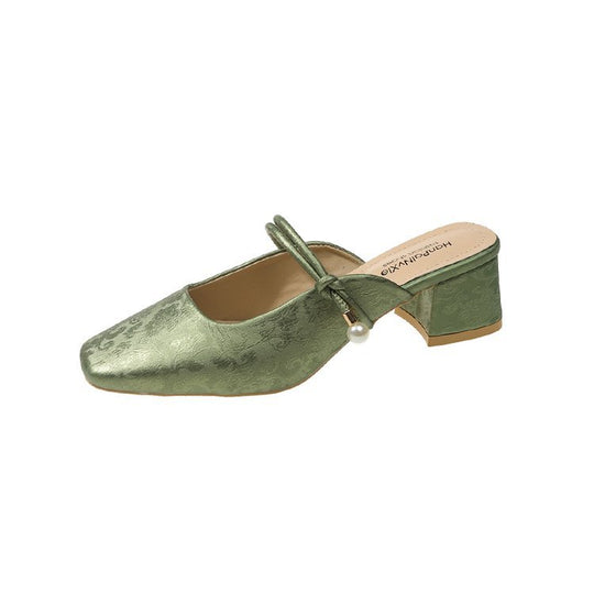 Damen modische Mules mit schicker Perlenapplikation und elegantem Blockabsatz EB