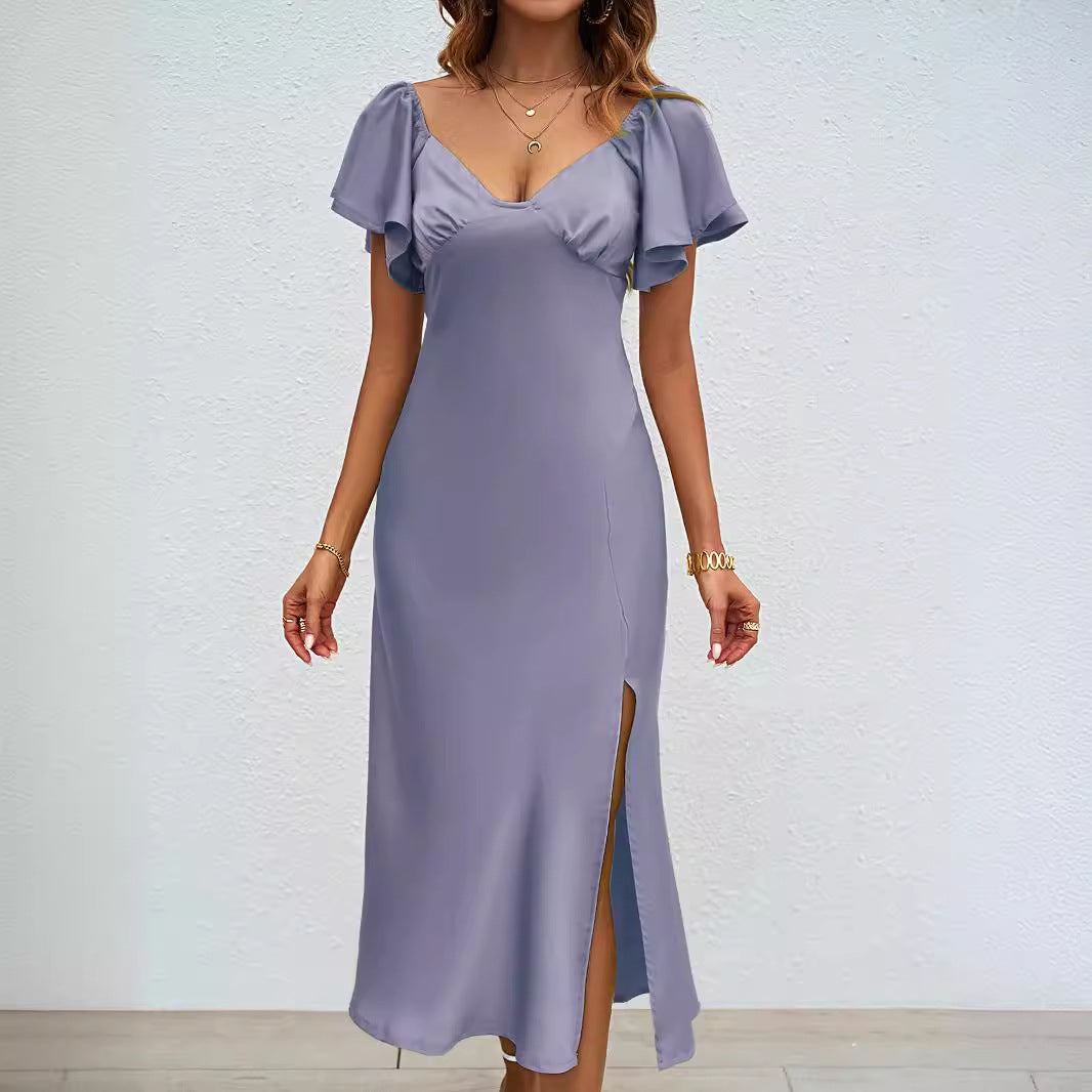 Damen Maxikleid mit eleganten Puffärmeln und seitlichem Schlitz EB