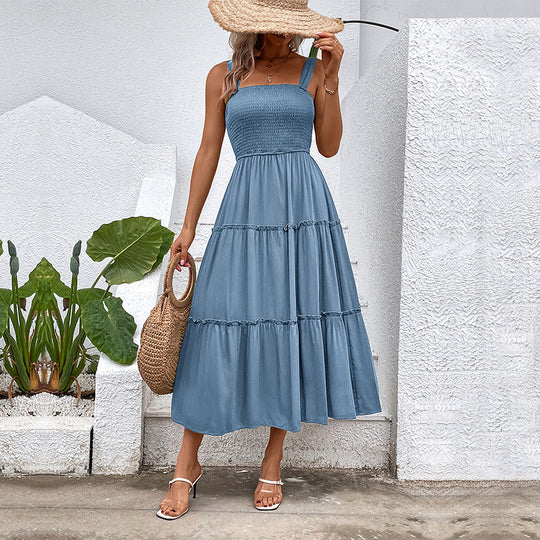 Damen Midikleid mit elastischem Oberteil und fließendem Rock EB
