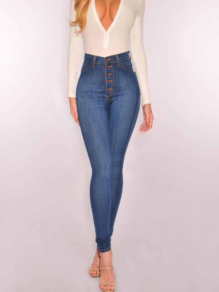 Damen High-Waist Skinny-Jeans mit Knopfdesign und figurbetontem Schnitt EB