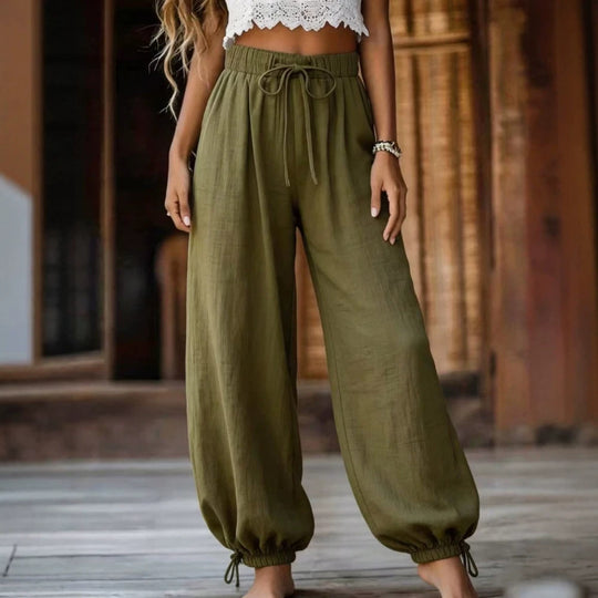 Damen Leichte Leinenhose mit weitem Bein und elastischem Bund EB