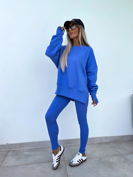 Damen komfortables Oversize-Lounge-Set mit langem Sweatshirt, gerippten High-Waist-Leggings und verlängerten Bündchen EB