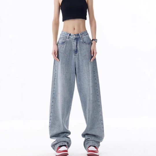 Damen Weite High-Waist Jeans mit einzigartigem Waschdesign EB