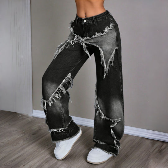 Damen Weite Jeans im modernen Destroyed-Look mit fransigen Details EB