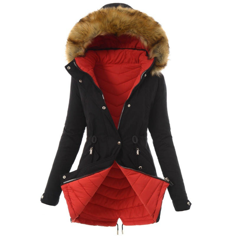 Damen modische Winterjacke mit abnehmbarem Kunstfellkragen EB