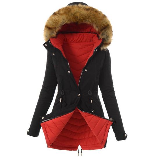 Damen modische Winterjacke mit abnehmbarem Kunstfellkragen EB