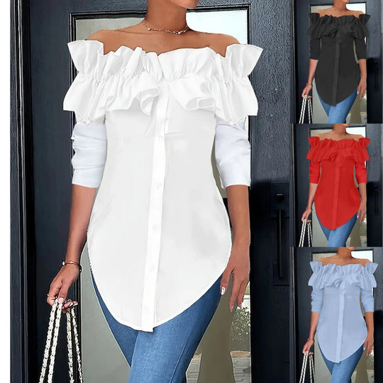 Damen Off-Shoulder Bluse mit Rüschen und Knopfleiste EB