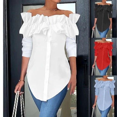 Damen Off-Shoulder Bluse mit Rüschen und Knopfleiste EB