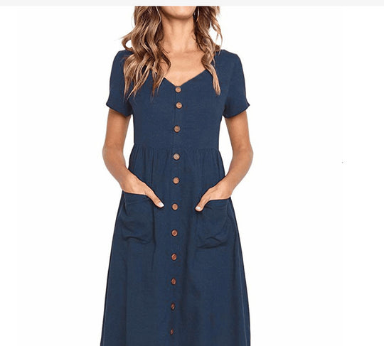 Damen Midi-Kleid mit Knopfleiste und praktischen Taschen EB