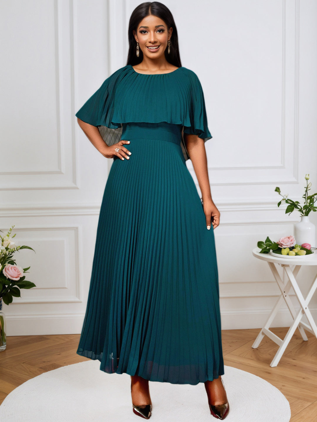 Damen Elegantes Plissee-Maxi-Kleid mit fließenden Ärmeln EB