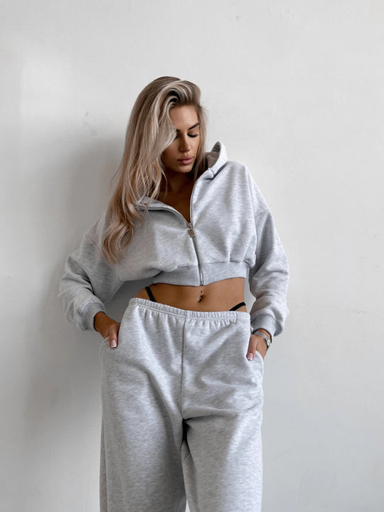 Damen Zweiteiliges Cropped-Zip-Hoodie Set mit taillenhoher Relax-Jogginghose und elastischem Bund EB