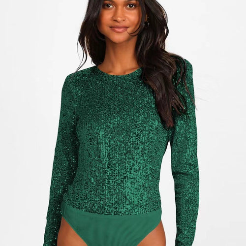 Damen Funktionsreicher Pailletten-Bodysuit mit langem Arm EB