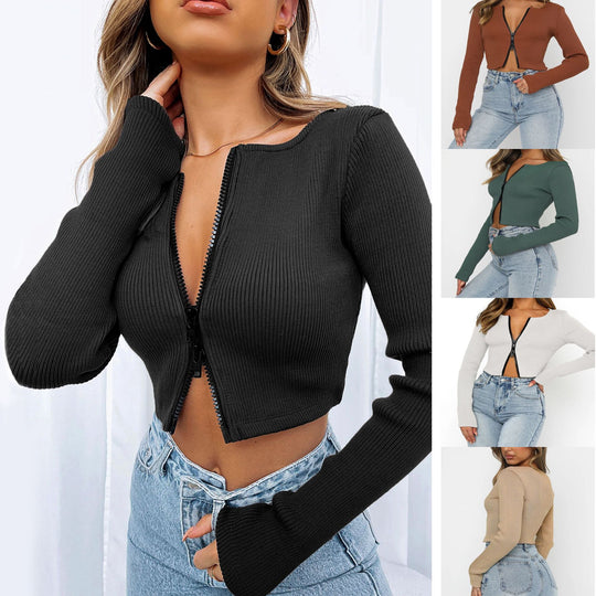 Damen modische Cropped Jacke mit Reißverschluss EB