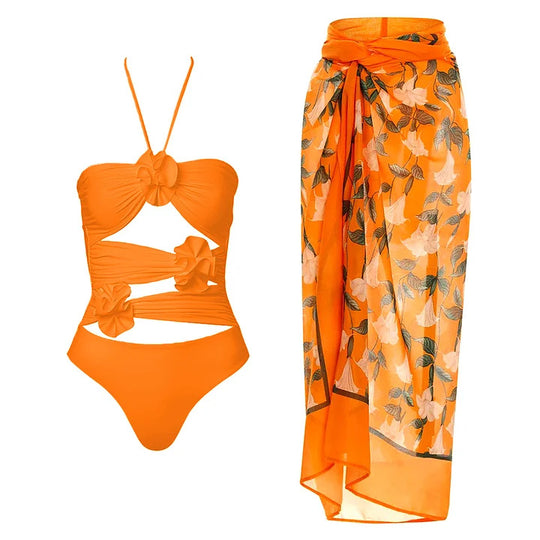 Damen Hochwertiger einteiliger Badeanzug mit außergewöhnlichem Schnitt und floralen Details EB