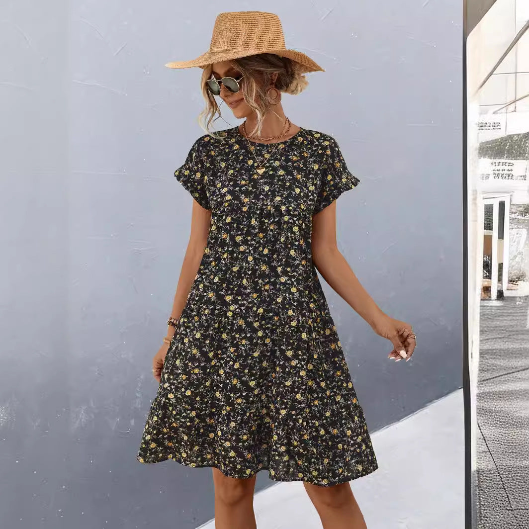 Damen Freizeitkleid mit voluminösem Rock und floralem Design EB