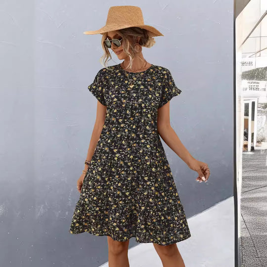Damen Freizeitkleid mit voluminösem Rock und floralem Design EB