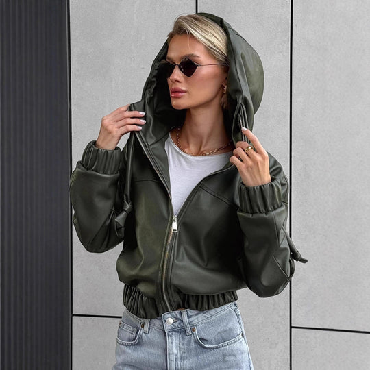 Damen cropped Kunstlederjacke mit kontrastierenden Details und elastischem Bund EB