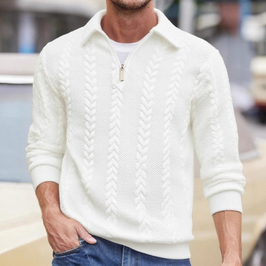 Herren nan Halbzip-Pullover mit Kentkragen, Zopfstrickstruktur und geripptem Saum EB