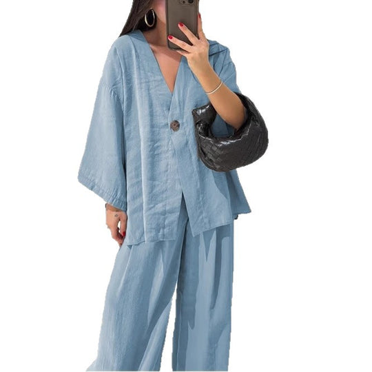 Damen nan entspanntes Zweiteiler-Leinenensemble mit kimonoartiger Oversize-Jacke und weiter Palazzohose EB