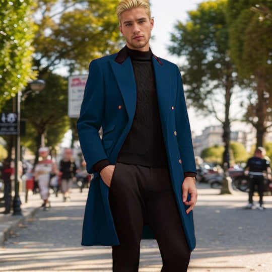 Herren moderner Urban-Mantel mit doppelter Knopfleiste und Samtkragen EB