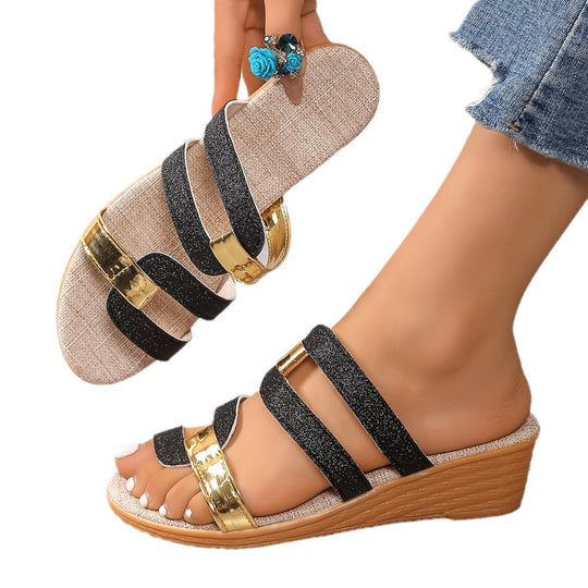 Damen elegante und bequeme Slipper-Sandalen mit glamourösen Glitzerbändern EB