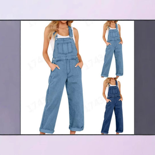 Damen lässige Denim-Latzhose mit praktischen Taschen und weiten Beinen EB