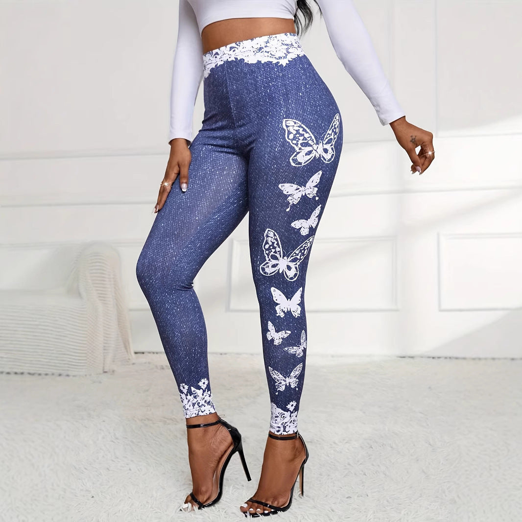 Damen Leggings mit floralem Spitzenbund und schmetterlingsmotiv EB