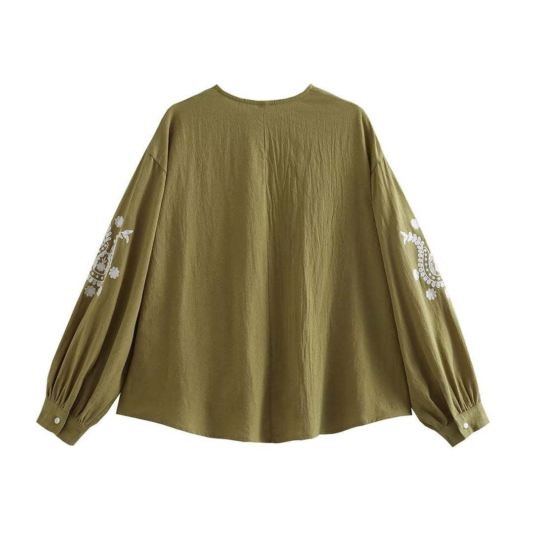 Damen bestickte Bluse mit Balloon-Ärmeln und V-Ausschnitt EB