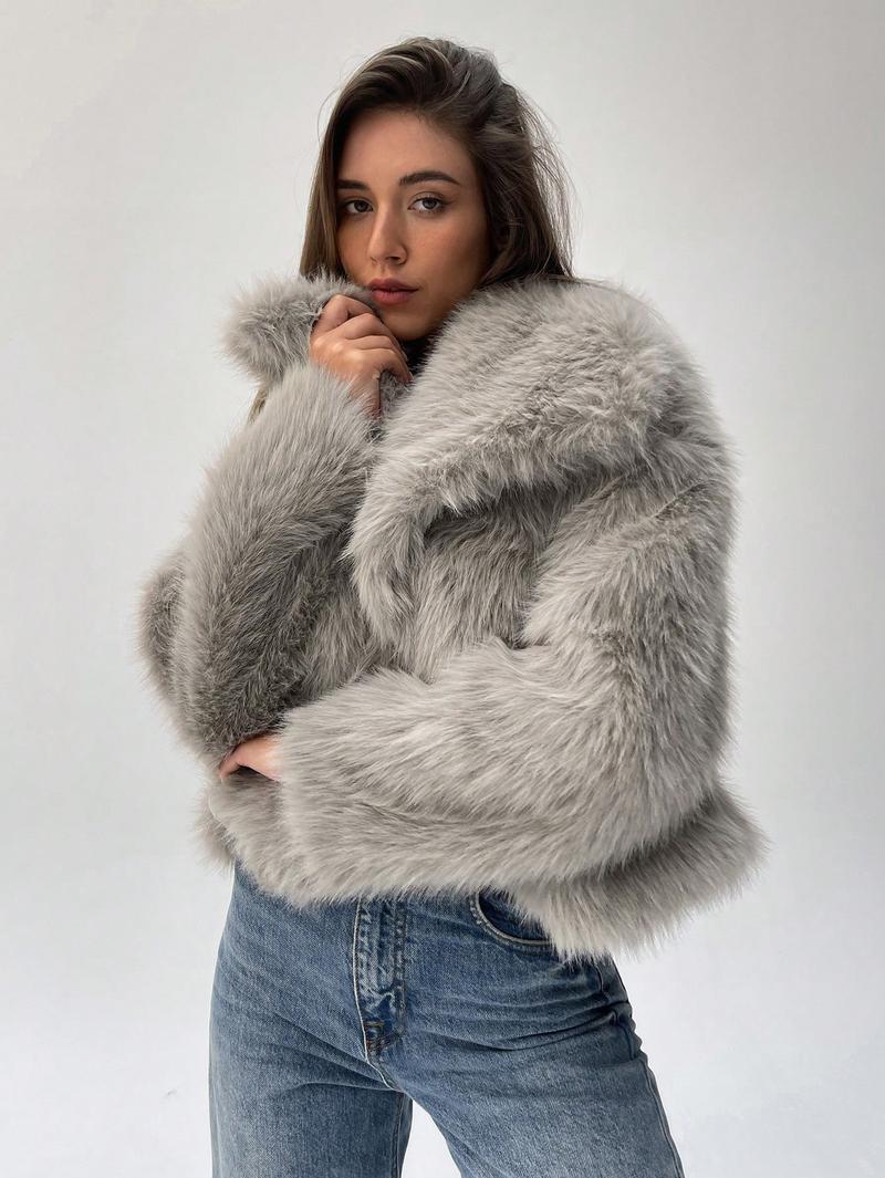 Damen Modischer Kunstpelz-Cropped-Jacke mit voluminösen Ärmeln EB