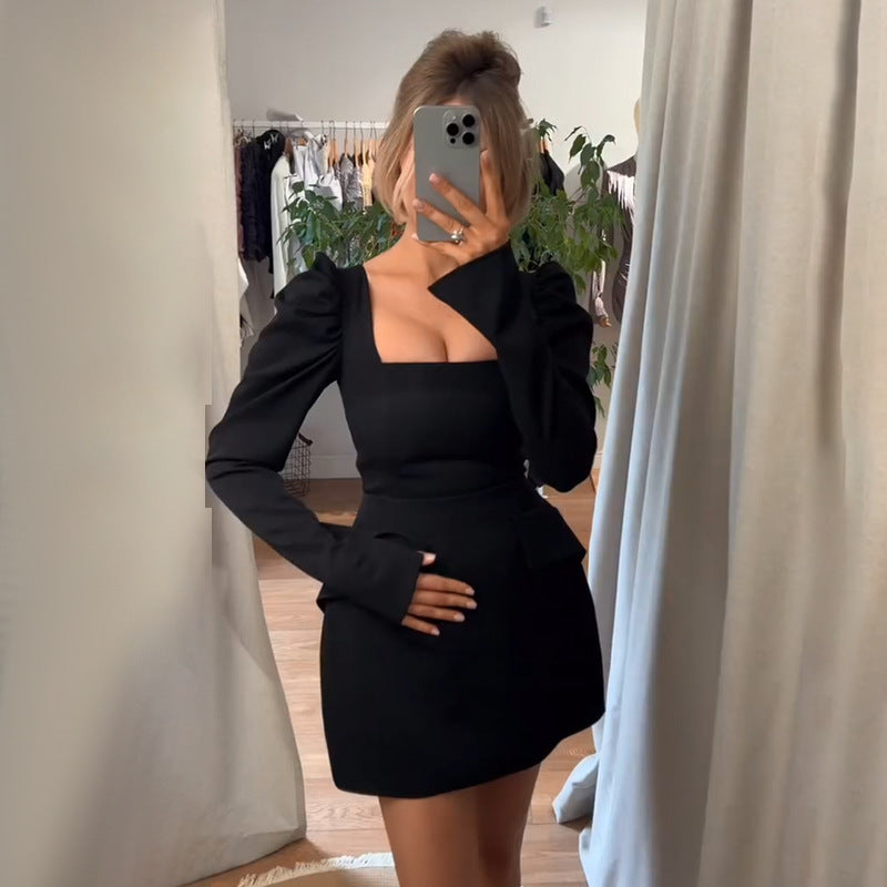 Damen elegantes Minikleid mit Puffärmeln und tailliertem Schnitt EB