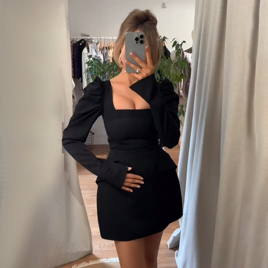 Damen elegantes Minikleid mit Puffärmeln und tailliertem Schnitt EB