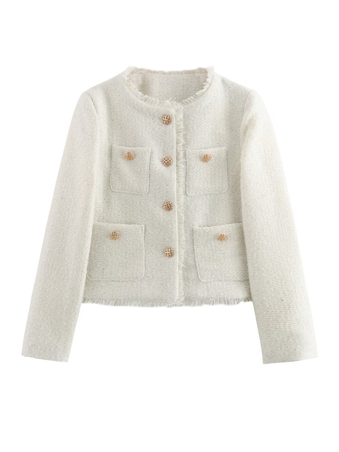 Damen elegante Tweed-Jacke mit Fransen und dekorativen Knöpfen EB