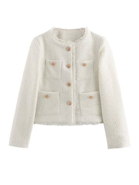 Damen elegante Tweed-Jacke mit Fransen und dekorativen Knöpfen EB