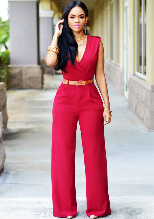 Damen Eleganter Wickel-Jumpsuit mit weitem Bein und Taillengürtel EB