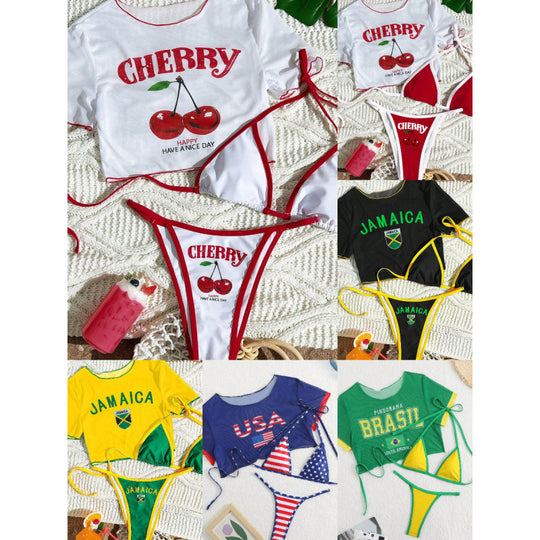 Damen Crop-Top Bikini-Set mit sportlichem Schnitt und Brasil-Print EB