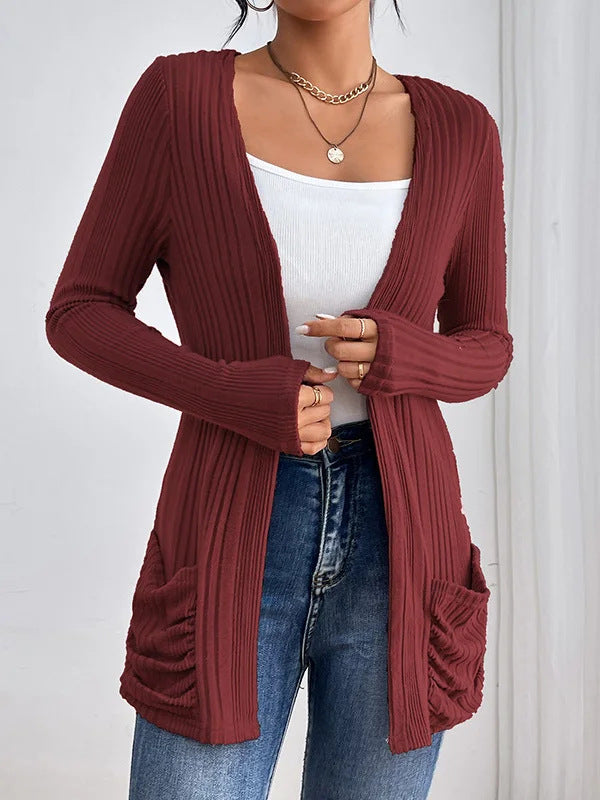 Damen Gerippter Langcardigan mit offener Front, Eingrifftaschen und legerer Passform EB