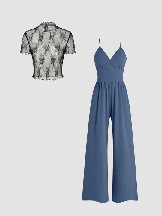 Damen elegantes V-Ausschnitt Jumpsuit mit transparenter Bluse EB