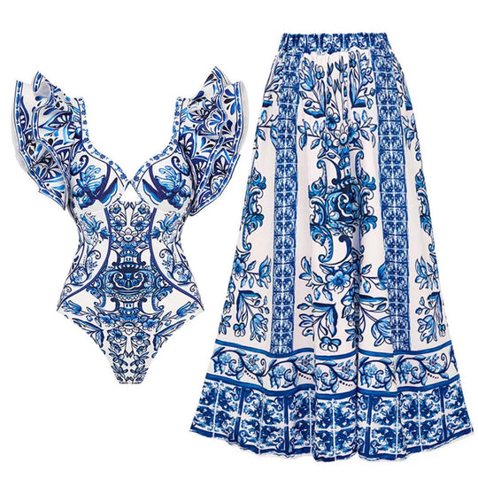 Damen Badeanzug-Set mit voluminösen Rüschendetails und elegantem Wickelrock EB