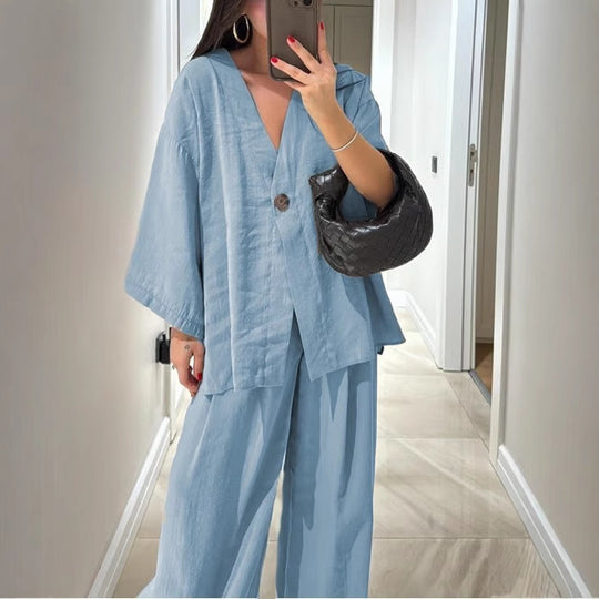 Damen nan lockeres Leinenoptik-Zweiteiler mit Kimono-Blazer und weitem Palazzo-Hose EB