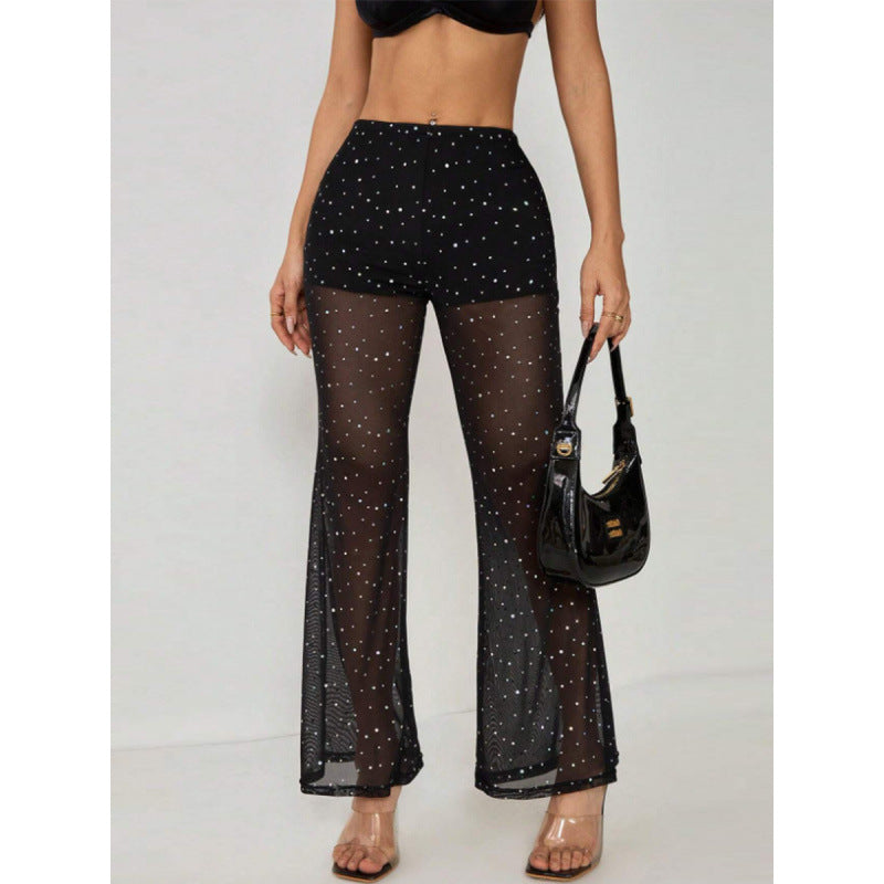Damen Elegante transparente Palazzo-Hose mit funkelnden Akzenten EB