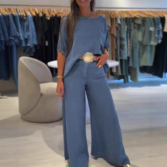 Damen nan Leinenmix-Zweiteiler mit kastigem Oversize-Shirt, Brusttasche und weiter Palazzohose EB