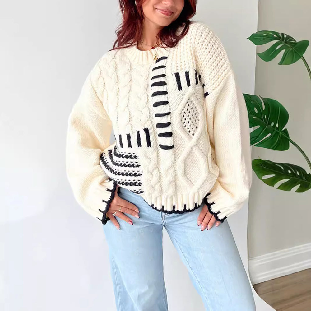 Damen Grobstrickpullover mit kreativem Patchwork-Design und lässigem Schnitt EB
