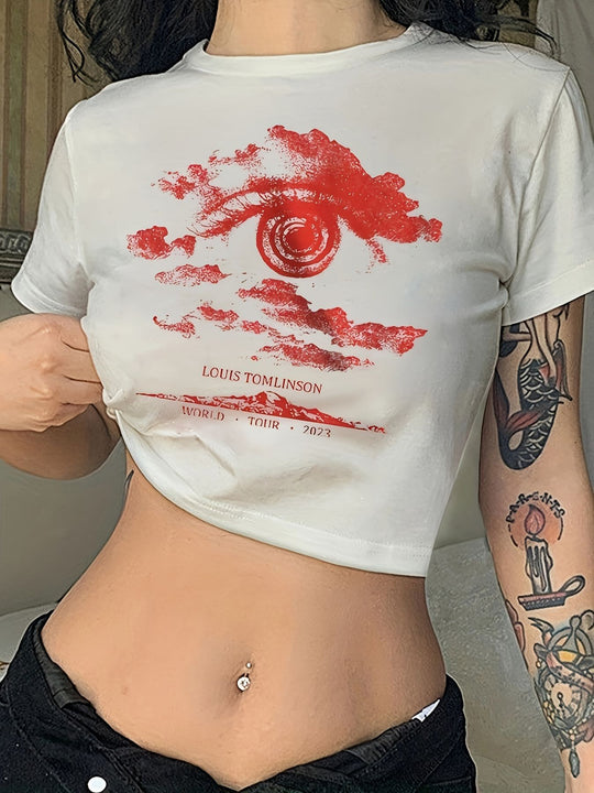 Damen Crop-T-Shirt mit kreativem Augenmotiv und Tourdruck EB
